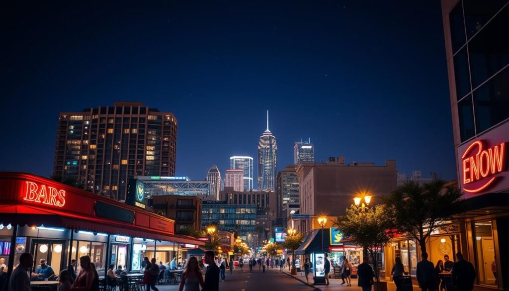 A vibrant night scene in downtown San Jose, California. In the foreground, neon-lit bars and trendy restaurants spill warm light onto the bustling sidewalks, where couples stroll hand-in-hand. The middle ground features a lively mix of high-rise buildings, their windows aglow with the energy of the city. In the background, the iconic silhouette of the San Jose skyline rises against a deep indigo sky, dotted with twinkling stars. The atmosphere is one of excitement and romance, with a sense of possibility in the air, captured through a cinematic wide-angle lens and dramatic lighting that casts dramatic shadows and highlights the architectural details.