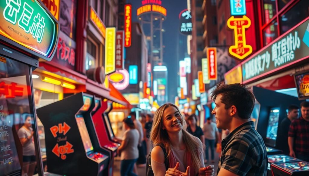 A vibrant, playful date night scene in a lively urban setting. In the foreground, a young couple exploring an arcade, immersed in vintage video games and playful competition, their faces lit by the neon glow of the machines. In the middle ground, a bustling street filled with street food vendors, neon-lit restaurants, and lively pedestrians, creating an energetic atmosphere. The background features a skyline of towering buildings, their windows reflecting the colorful lights below, creating a stunning, cinematic scene. Warm, saturated tones throughout, with a shallow depth of field that keeps the focus on the couple's engaged expressions and dynamic interactions.