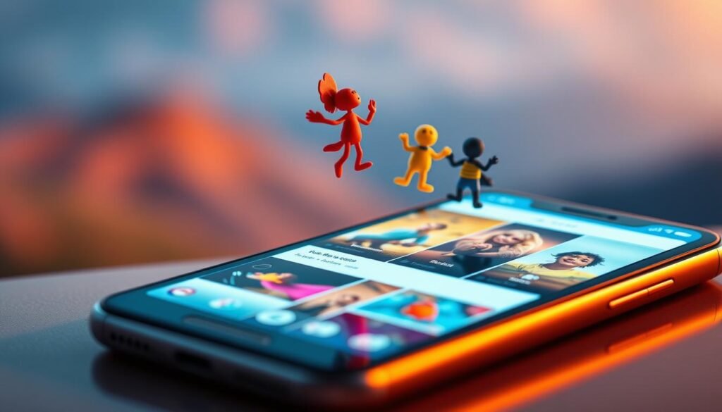 A vibrant social media feed, displayed on a sleek, modern smartphone. The screen glows with a warm, inviting light, casting a soft, ethereal glow on the surrounding environment. Floating above the device, colorful, whimsical clay figurines playfully interact, their organic forms contrasting with the clean, minimalist design of the phone. The background is a blurred, dreamy landscape, hinting at the global reach and interconnectedness of social media. The overall mood is one of fun, creativity, and a sense of playful self-expression. A vibrant social media feed, displayed on a sleek, modern smartphone. The screen glows with a warm, inviting light, casting a soft, ethereal glow on the surrounding environment. Floating above the device, colorful, whimsical clay figurines playfully interact, their organic forms contrasting with the clean, minimalist design of the phone. The background is a blurred, dreamy landscape, hinting at the global reach and interconnectedness of social media. The overall mood is one of fun, creativity, and a sense of playful self-expression.