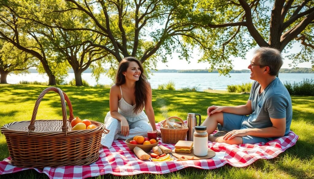 A vibrant summer day, a picnic blanket sprawled on a lush green lawn, surrounded by a canopy of swaying trees casting warm, dappled sunlight. A wicker basket brimming with fresh fruit, homemade sandwiches, and a thermos of fragrant, steaming tea. Two people, casually dressed, engaged in lively conversation, their faces alight with joy and contentment. In the distance, a serene lake reflects the azure sky, its gentle ripples creating a soothing, meditative backdrop. A scene of simple pleasures, where the focus is on connection, appreciation, and the beauty of the present moment. A vibrant summer day, a picnic blanket sprawled on a lush green lawn, surrounded by a canopy of swaying trees casting warm, dappled sunlight. A wicker basket brimming with fresh fruit, homemade sandwiches, and a thermos of fragrant, steaming tea. Two people, casually dressed, engaged in lively conversation, their faces alight with joy and contentment. In the distance, a serene lake reflects the azure sky, its gentle ripples creating a soothing, meditative backdrop. A scene of simple pleasures, where the focus is on connection, appreciation, and the beauty of the present moment.