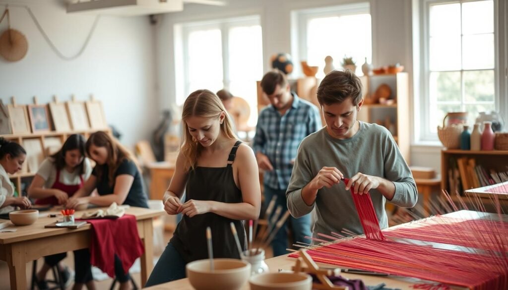 A well-lit, cozy studio classroom with couples engaged in a hands-on workshop. In the foreground, pairs of learners intently focus on their craft, brows furrowed in concentration as they mold clay or weave vibrant fabrics. Soft natural light filters through large windows, casting a warm glow over the scene. The middle ground features an instructor circulating, offering gentle guidance and encouragement. In the background, shelves display an array of handmade projects, hinting at the range of skills being explored. An atmosphere of playful discovery and budding creativity permeates the space, inviting the viewer to imagine the joy of discovering a new shared passion.