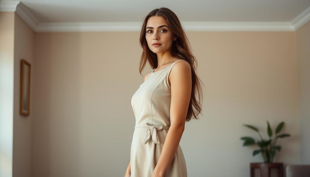 A young woman stands in a well-lit room, her face lit by soft, natural lighting. She wears a tasteful, form-flattering dress in a neutral color, paired with comfortable yet stylish flats. The background is a simple, elegant interior with muted tones, creating a calm, inviting atmosphere. The woman's posture is relaxed yet confident, her expression serene and thoughtful, as if she's considering her outfit choices for a first date. The overall scene conveys a sense of poise, style, and an emphasis on comfort and personal expression.