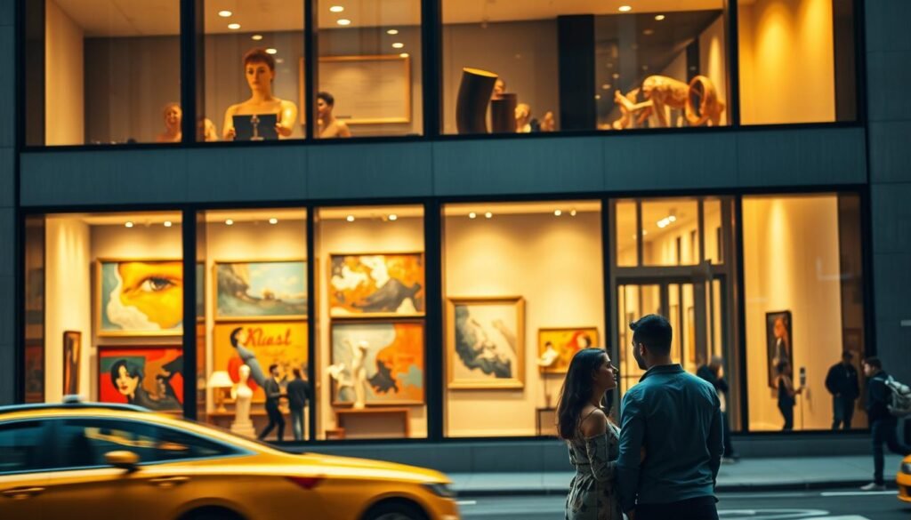 An art gallery in the heart of New York City, with a striking contemporary facade bathed in warm, golden lighting. Through the large windows, a diverse collection of abstract paintings and sculptures are on display, their vibrant colors and dynamic compositions drawing the eye inward. In the foreground, a couple stands admiring the artwork, their silhouettes framed by the architectural details. The background features a bustling street scene, with pedestrians and yellow cabs adding to the energy of the city. The overall atmosphere is one of cultural sophistication and artistic inspiration, perfect for a memorable first date.