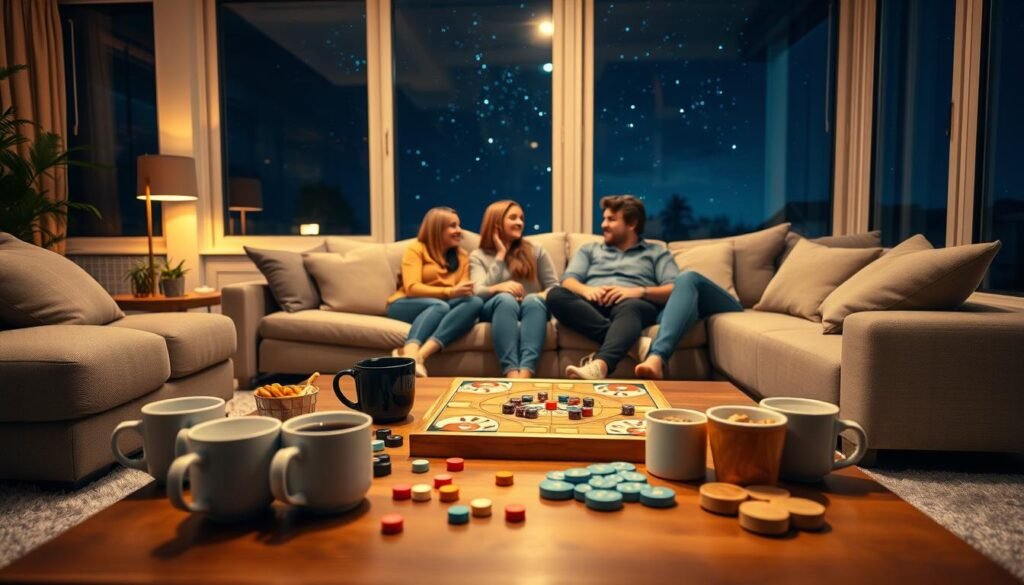 Cozy game night scene: a modern living room with warm lighting and plush furnishings. In the foreground, a wooden game board and scattered playing pieces, surrounded by mugs of hot beverages and bowls of snacks. In the middle ground, two couples seated on a sectional sofa, engrossed in a friendly board game, their expressions animated and joyful. In the background, floor-to-ceiling windows overlooking a starry night sky, casting a soft, atmospheric glow. The overall mood is one of intimate connection, playfulness, and shared experience.
