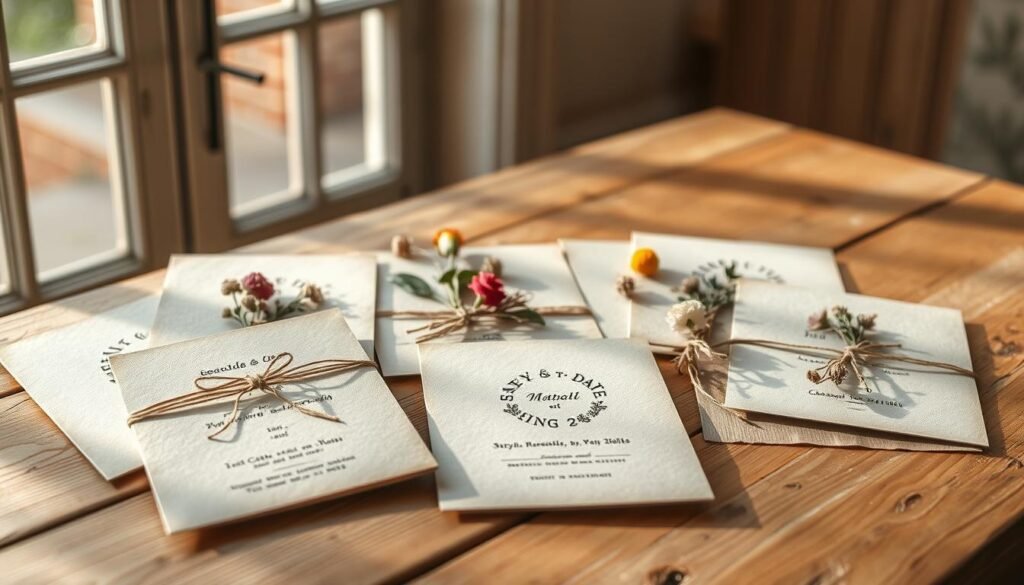 Crisp, textured DIY save the date cards arranged on a rustic wooden table. Handcrafted paper in natural tones, adorned with botanical elements like pressed flowers, leaves, and twine. Soft, warm lighting from a large window casts gentle shadows, highlighting the artisanal quality. Slightly off-center composition, creating an organic, effortless aesthetic. The cards convey a sense of simplicity and charm, perfect for a wedding with a cozy, homespun vibe. Delicate, earthy, and inviting - a beautiful embodiment of budget-friendly, personalized save the date ideas.