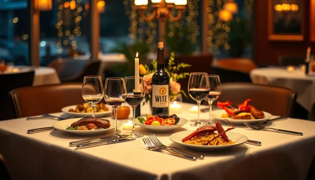High-quality restaurant-inspired date night dinner table with warm lighting, shallow depth of field, elegant table setting with white linen tablecloth, silver cutlery, wine glasses, and a centerpiece of lit candles and fresh flowers. Gourmet meals like steak, lobster, or pasta are placed on the table, along with a bottle of red wine. Soft ambient music playing in the background creates a romantic, intimate atmosphere.