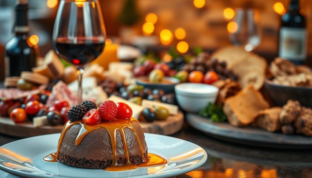 Lush, vibrant culinary masterpieces arranged against a softly blurred backdrop, bathed in warm, inviting lighting. An elaborate charcuterie board overflows with artisanal meats, cheeses, olives, and rustic breads, complemented by a perfectly poured glass of rich, ruby-hued red wine. In the foreground, a decadent dessert takes center stage - a silky chocolate mousse, topped with fresh berries and a drizzle of golden caramel, served on a sleek, modern plate. The scene exudes an atmosphere of refined elegance, inviting the viewer to indulge in a sensory experience of flavor, texture, and ambiance.