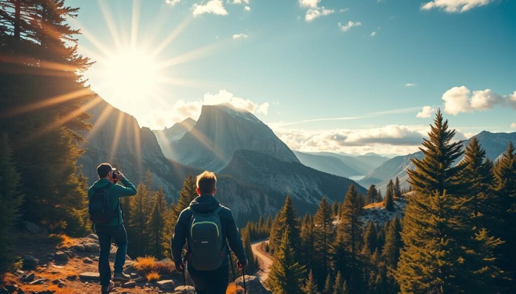 Outdoor adventure couple hiking on a rugged mountain trail, warm golden sunlight streaming through the lush evergreen forest canopy. In the foreground, the hikers are dressed in technical outdoor gear, backpacks on, capturing a breathtaking vista with their camera. The middle ground features a winding path leading up to dramatic granite cliffs, dusted with fresh snow. In the background, towering snow-capped peaks touch the horizon under a vibrant, cloud-dotted sky. An exhilarating, awe-inspiring scene that captures the spirit of thrilling outdoor exploration.