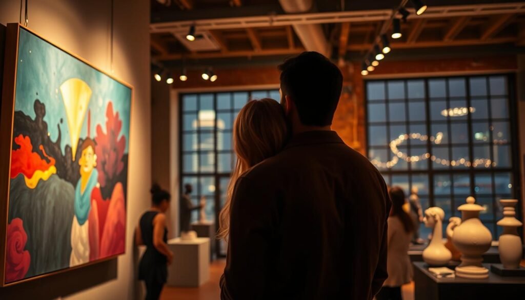 Prompt A vibrant, romantic evening scene at an art gallery. The foreground features a couple admiring a captivating abstract painting, their faces illuminated by the soft, warm lighting. The middle ground showcases an elegant gallery space with high ceilings, exposed brick walls, and carefully curated sculptures. In the background, the glow of city lights outside the large windows creates a cozy, intimate atmosphere, inviting visitors to linger and explore the artistic wonders on display. The overall mood is one of intellectual stimulation, cultural enrichment, and shared appreciation for the beauty of self-expression.
