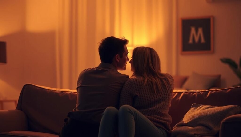 Two people sitting closely on a cozy couch, bathed in warm, soft lighting. Their bodies angled towards each other, eyes locked in a deep, meaningful gaze, conveying a sense of intimacy and connection. The background is blurred, keeping the focus on the couple and their moment of shared understanding. Hints of a dimly lit living room or bedroom provide a sense of comfort and privacy. The mood is serene, tranquil, and emotionally resonant, capturing the essence of a "meaningful connection" between the partners.