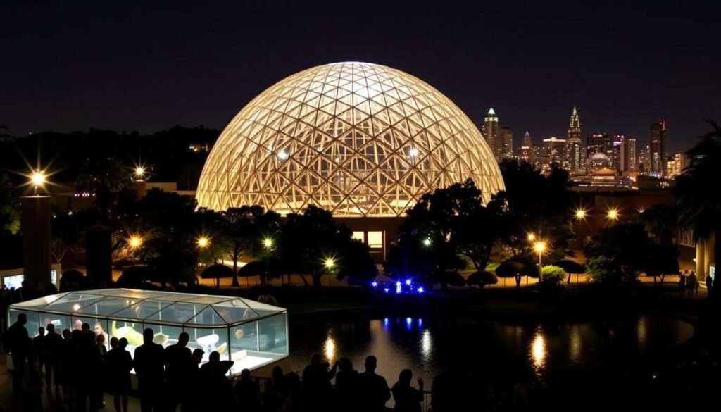 a night scene of the California Academy of Sciences, showcasing its vibrant nightlife. In the foreground, a group of people gathered around an illuminated outdoor exhibit, fascinated by the displays. The middle ground features the iconic glass dome of the museum, softly lit from within and reflecting in a tranquil pond. In the background, the city skyline of San Francisco twinkles, creating a stunning contrast between the urban landscape and the natural wonder of the museum. The scene is bathed in a warm, inviting glow, with strategically placed lighting highlighting the architectural details and creating a sense of energy and excitement. The overall mood is one of exploration, discovery, and a celebration of the natural world.
